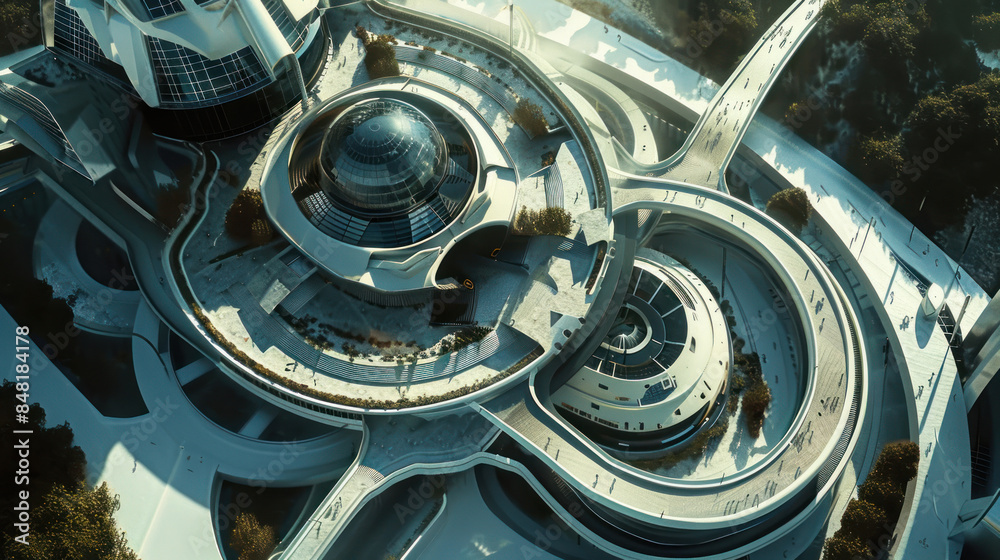 Aerial view of a futuristic building with unique architecture Aerial view of a futuristic building with unique architecture
