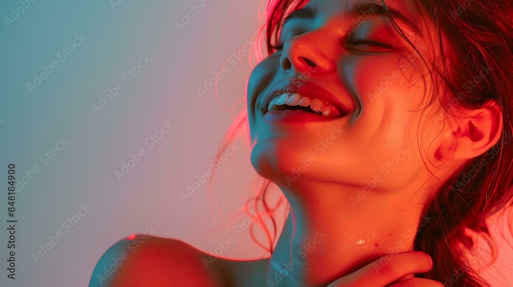woman suffering from neck pain, red color on the contour of her shoulder and hand, white background, monochromatic, blurred foreground woman suffering from neck pain, red color on the contour of her shoulder and hand, white background, monochromatic, blurred foreground