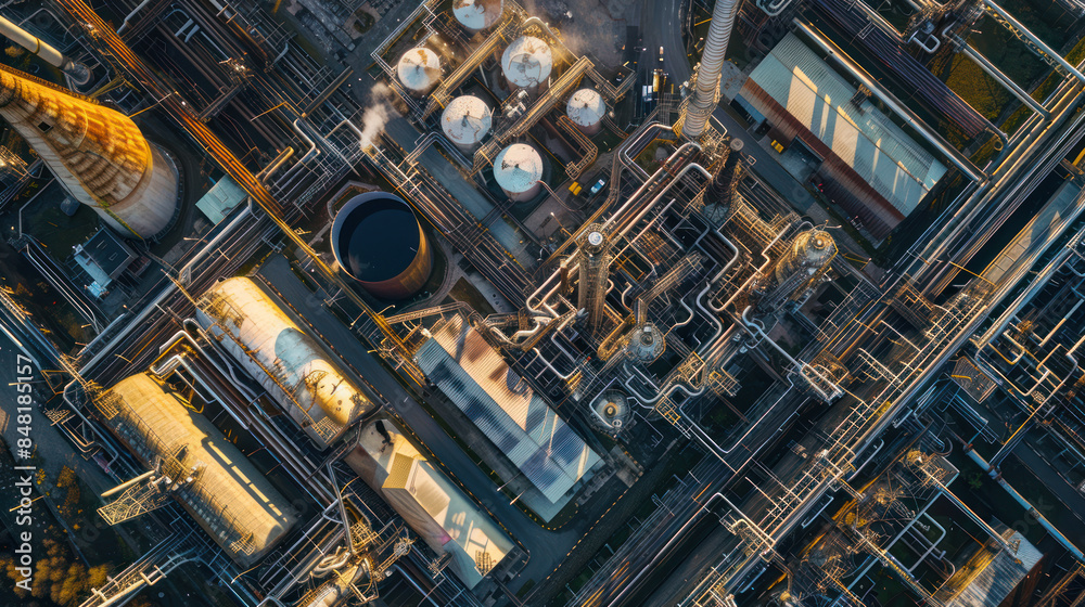 Aerial view of a sprawling industrial complex with large buildings Aerial view of a sprawling industrial complex with large buildings