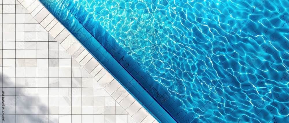 Obraz premium Aerial view of a clear blue swimming pool with white tiled poolside. Holiday and healthy living concept.