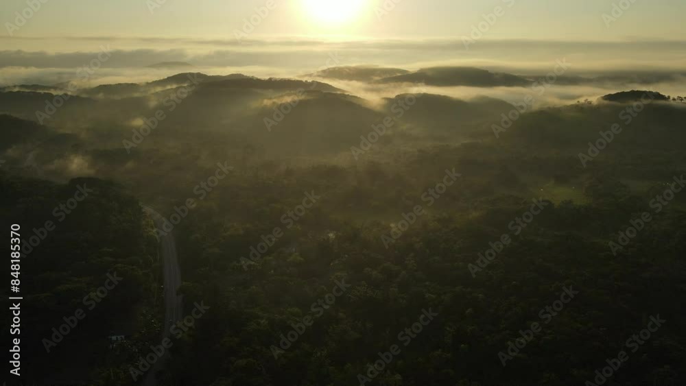 Voo sobre mata atlântica no nascer do sol na região de Morretes e Antonina no Paraná Voo sobre mata atlântica no nascer do sol na região de Morretes e Antonina no Paraná