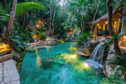 "Luxurious Azulik Tulum Style Resort: Bright Turquoise Manicured Beachfront Oasis"