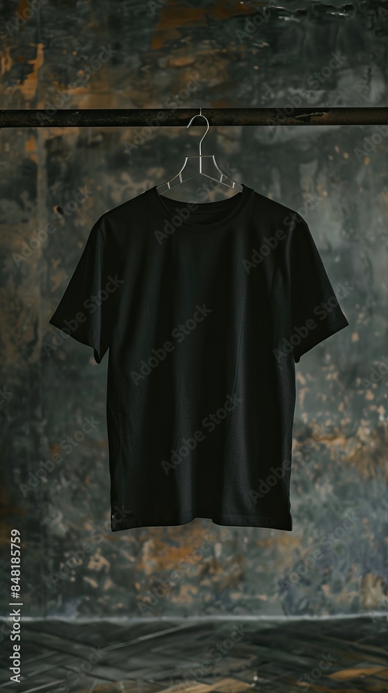 Minimalist black T-shirt hanging on a rack against a rustic background, perfect for fashion or industrial-themed stock photos. Minimalist black T-shirt hanging on a rack against a rustic background, perfect for fashion or industrial-themed stock photos.