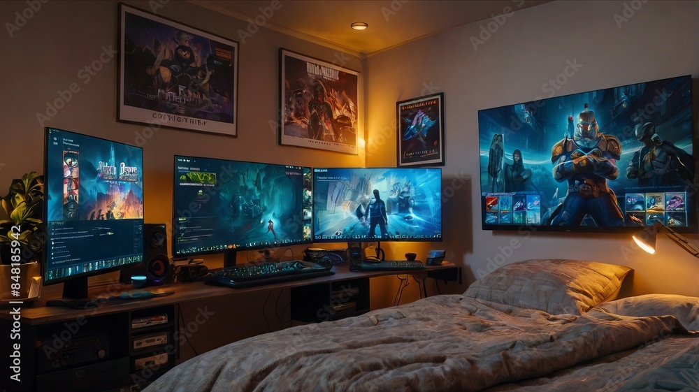 A cozy gaming setup in a bedroom, complete with gaming eqipment A cozy gaming setup in a bedroom, complete with gaming eqipment
