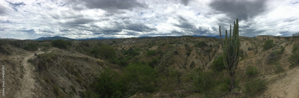 A wide panoramic view of a trail leading to cacti, clouds and mountain ranges in the Gray Desert of the Tatacoa Desert, Colombia A wide panoramic view of a trail leading to cacti, clouds and mountain ranges in the Gray Desert of the Tatacoa Desert, Colombia