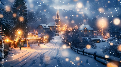 Picture a serene, snowy village background at Christmas time, with twinkling lights and a festive atmosphere. © Thirawat