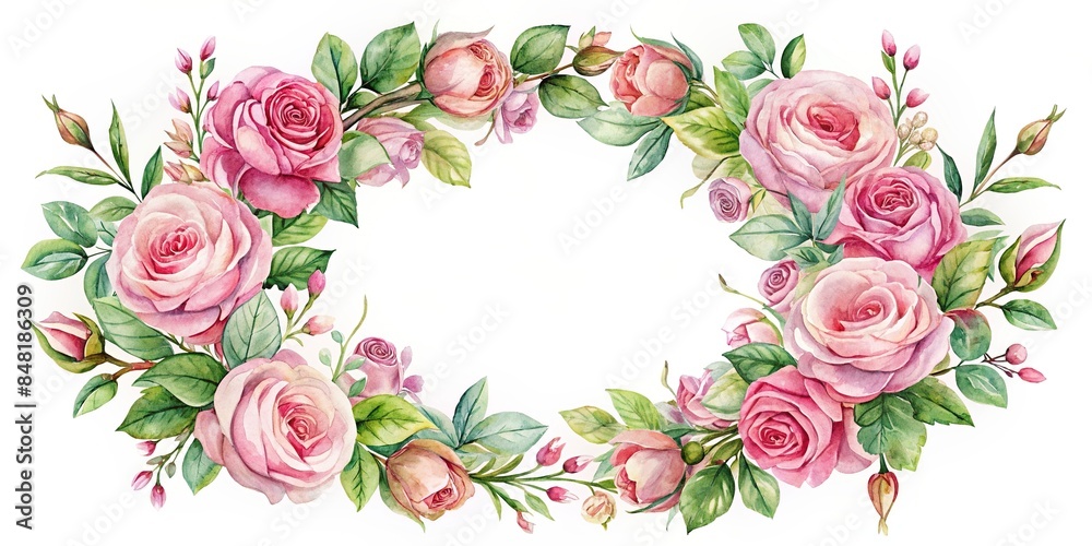Beautiful wedding wreath with pink rose flowers watercolor elements set, wedding, wreath, pink, rose, flowers