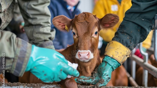 An action shot of farmhands conducting routine health checks on newborn calves in a calf nursery.  photo