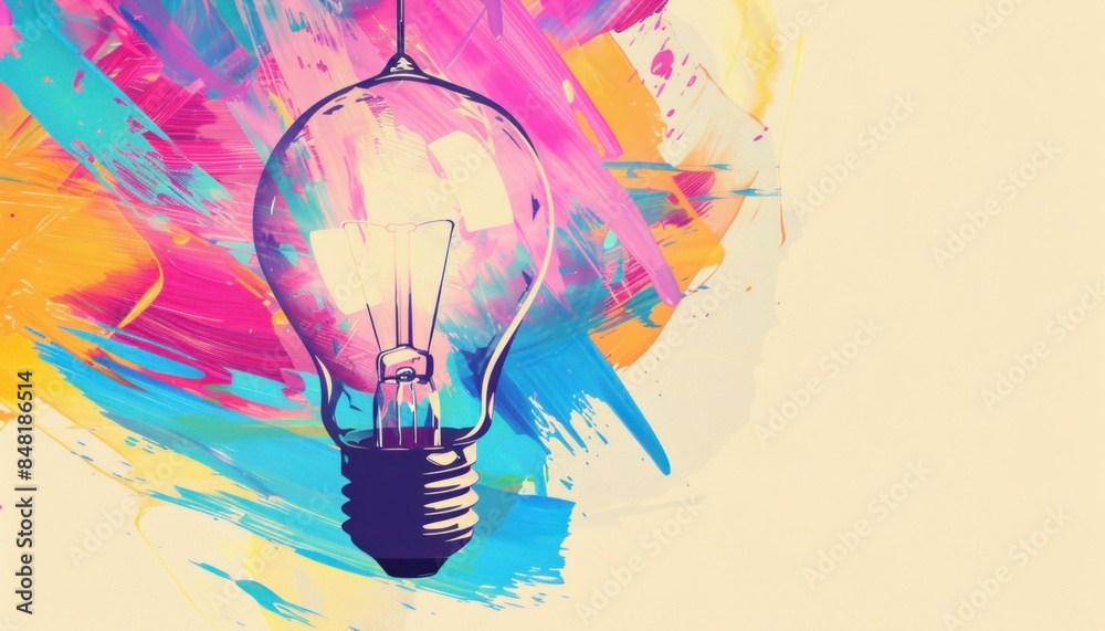 Creative splatter paint light bulb on colorful background for art and design inspiration Creative splatter paint light bulb on colorful background for art and design inspiration