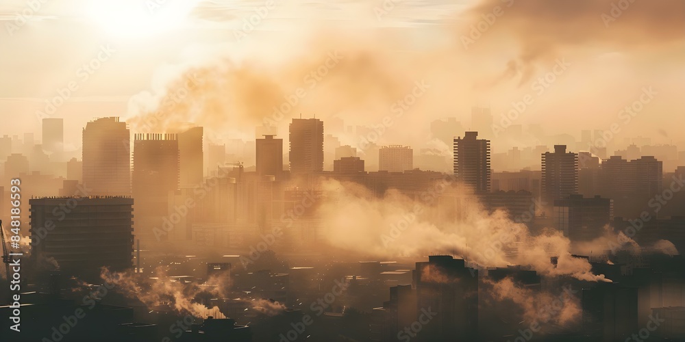 Fototapeta premium City skyline with smoke from incineration plants managing solid waste. Concept City Skylines, Air Pollution, Incineration Plants, Solid Waste Management, Urban Environment