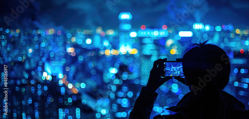 Capturing the City Lights: Person Using Smartphone for Night Photography with Vibrant Blue Tones in Urban Setting