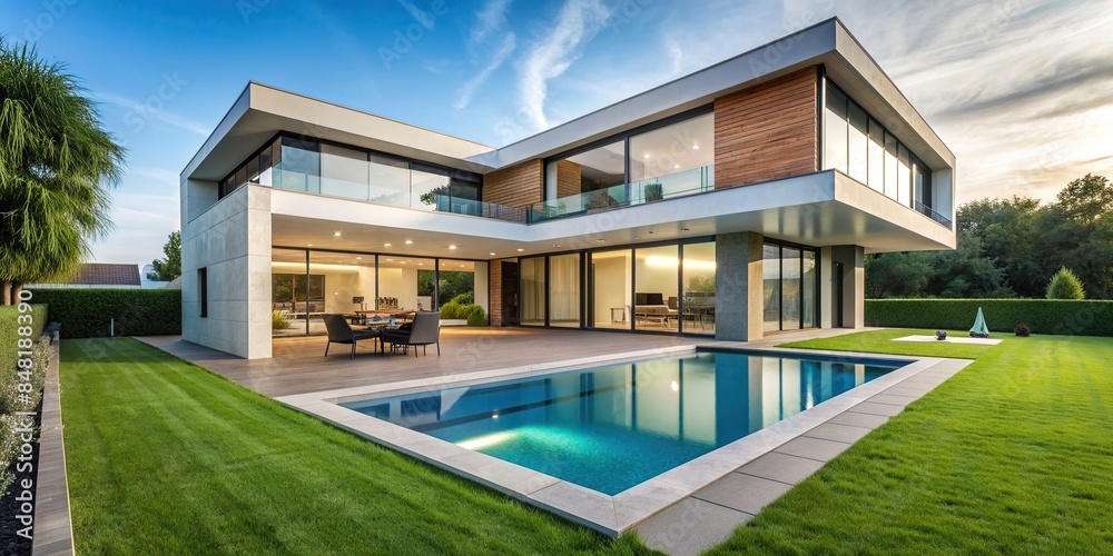 Modern house with a green lawn and a pool, modern, house, green, lawn, pool, outdoor, contemporary, architecture, luxury