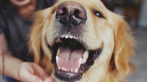 Dog at the dentist's appointment. The dentist checks the dog's teeth health in the veterinary office. Pet insurance and care, pet health, oral and dental care for dogs