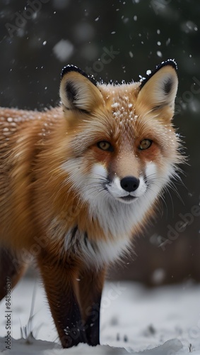 Red fox on the background of a snowy winter forest with bokeh light, copy space. Fox wallpaper.