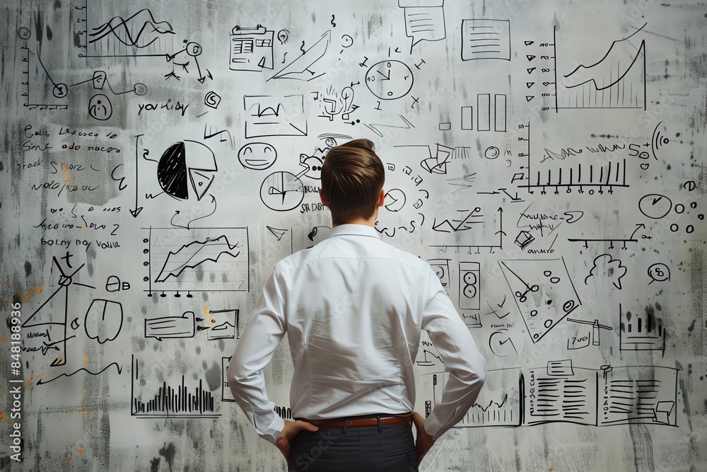 Businessman standing in front of whiteboard with graphs and charts. Businessman standing in front of whiteboard with graphs and charts.