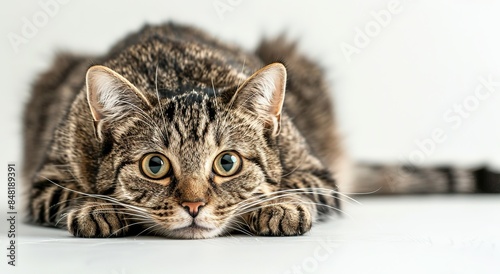 tabby cat on a white background before jumping
