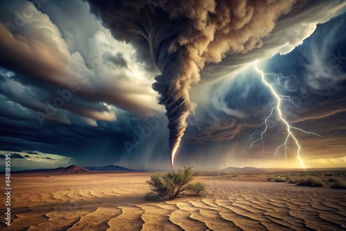 Tornado swirling over a cracked desert landscape, tornado, storm, desert, landscape, cracked, dry, climate, disaster, destruction photo