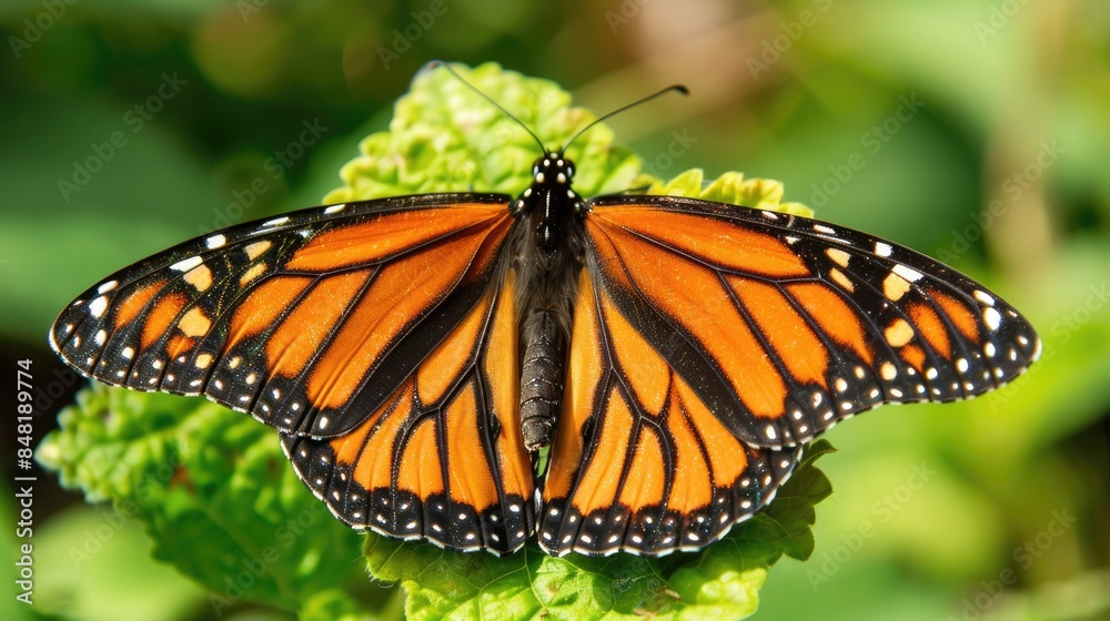 Obraz premium Pollinator Butterfly Resting on Green Leaf Moths and Butterflies Aid in Pollinating Land Plants