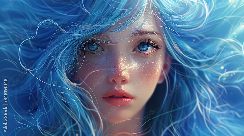 Ethereal Anime Girl with Flowing Blue Hair - Detailed Illustration in Wistful Artful Style Ethereal Anime Girl with Flowing Blue Hair - Detailed Illustration in Wistful Artful Style