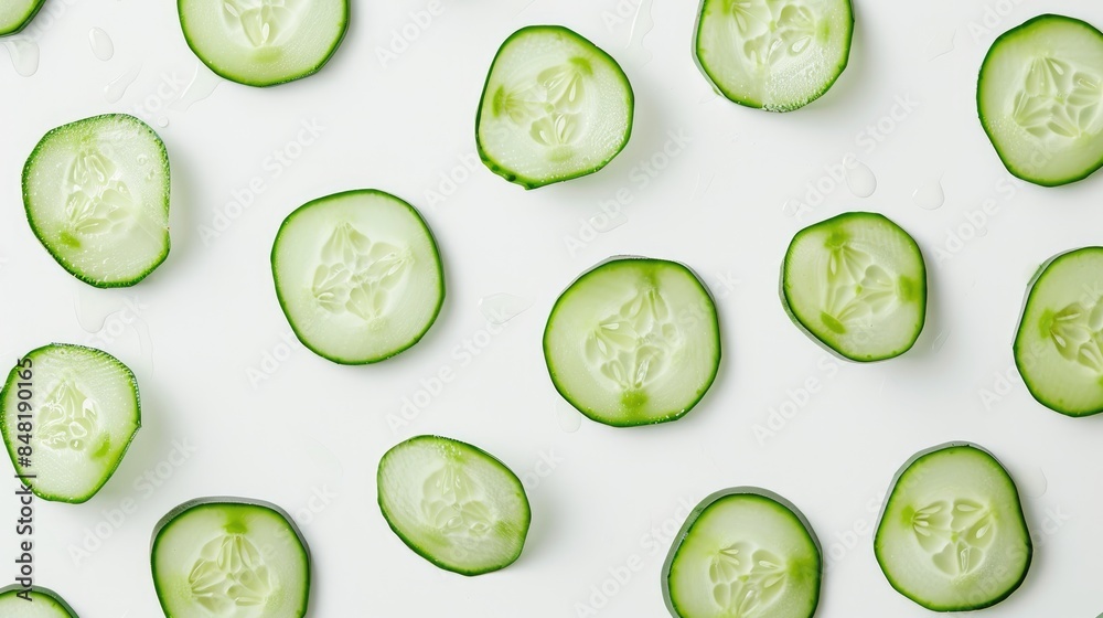 Crisp cucumber slices on a white backdrop Crisp cucumber slices on a white backdrop