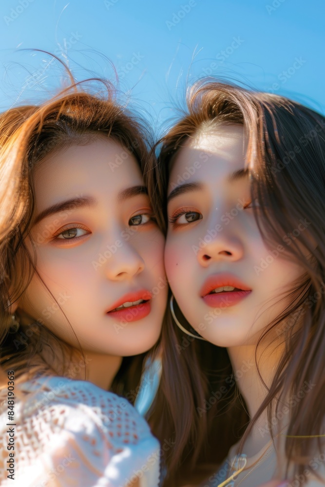 Fototapeta premium Two young women standing side by side, friendship and companionship