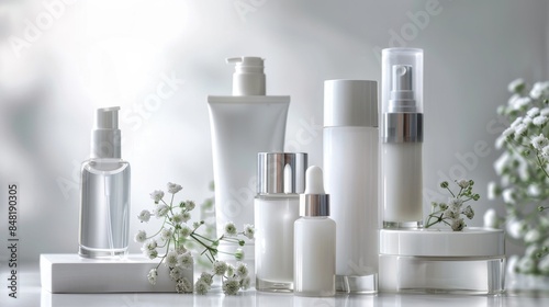 A range of skincare bottles on a white background with soft blurs, promoting a clean and healthy complexion.