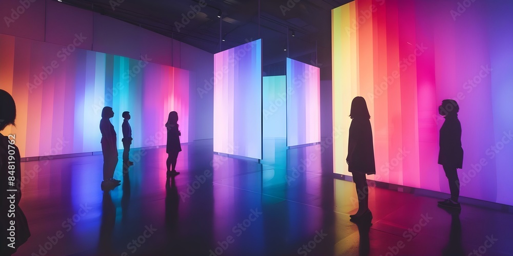 Fototapeta premium Interactive exhibit demonstrates how prisms refract light into a colorful spectrum. Concept Light refraction, Colorful spectrum, Interactive exhibit, Prisms, Science education
