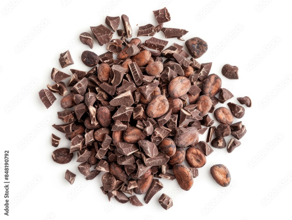 A collection of small brown chocolate chips scattered on a white surface A collection of small brown chocolate chips scattered on a white surface