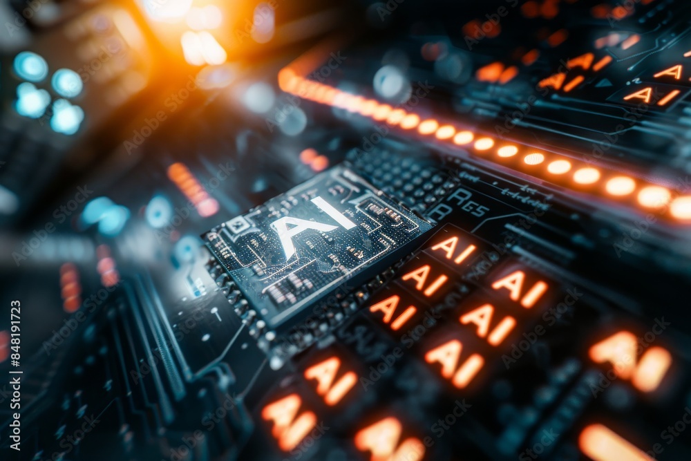 AI Text on Digital Circuit Board, Futuristic Technology, Modern Computing, Advanced Electronics, High Tech Innovation AI Text on Digital Circuit Board, Futuristic Technology, Modern Computing, Advanced Electronics, High Tech Innovation