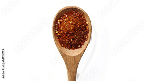 Red paprika, cayenne pepper powder in wooden spoon pile isolated on white and transparent background, PNG top view