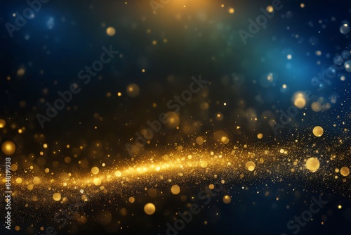 Glittering particles of flying bokeh sparkles in a golden-blue starry fantasy background in the dark