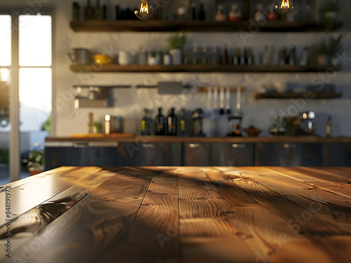 Wood table top island showcases rustic kitchen interior, perfect for morning drinks at home