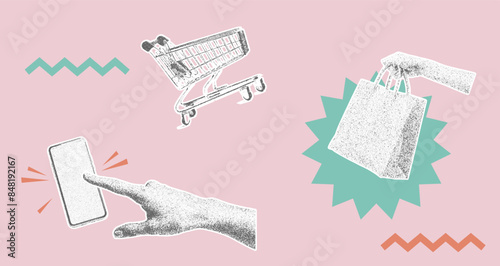 monochrome vector woman hands with shopping bag, smartphone and cart in mezzotint photocopy effect, grunge punk y2k collage design. retro elements. brutalist vintage illustration poster.
