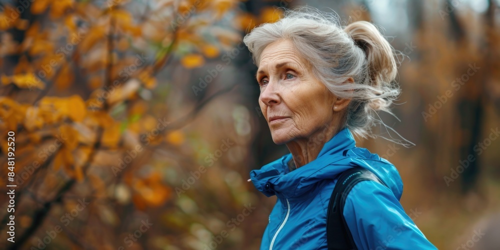 A woman in a blue jacket is walking through a forest, possibly on a hike or nature walk A woman in a blue jacket is walking through a forest, possibly on a hike or nature walk