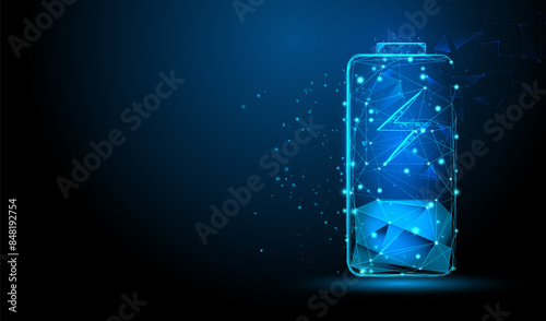 Battery charge icon. Electric discharge or lightning in low poly design. Power neon light futuristic energy storage, high voltage, long battery charge. Technology vector illustration.