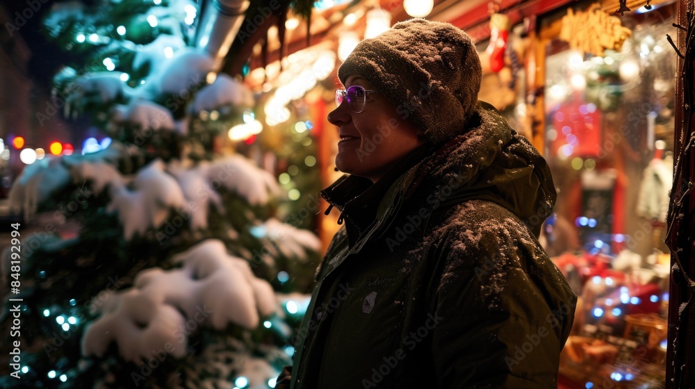 A woman stands in front of a decorated Christmas tree A woman stands in front of a decorated Christmas tree