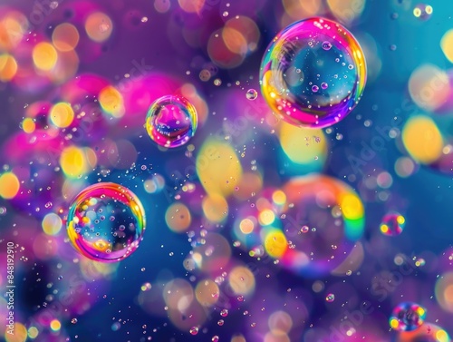 A group of colorful bubbles suspended in mid-air, with some popping and others remaining intact © vefimov