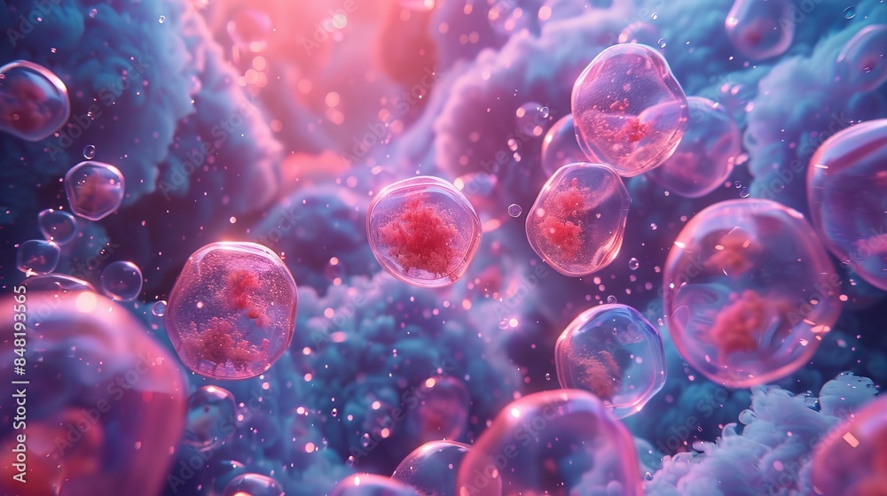 A bunch of pink and blue bubbles with a pink blob in the middle A bunch of pink and blue bubbles with a pink blob in the middle