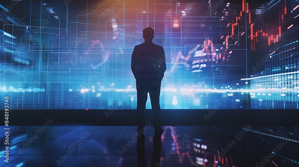 Businessman standing with wide hologram stock chart screen, double exposure. Financial analyzing concept. Businessman standing with wide hologram stock chart screen, double exposure. Financial analyzing concept.