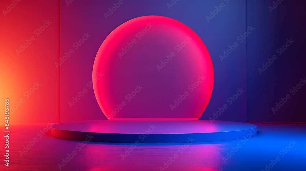 A large red and blue sphere is on a stage A large red and blue sphere is on a stage