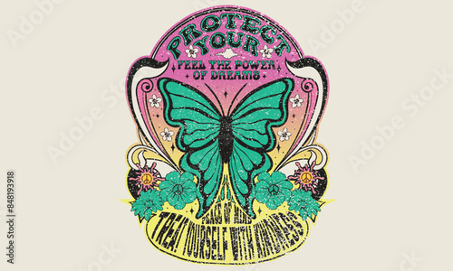 Rainbow butterfly artwork. Treat yourself with kindness. Protect your peace of mind. Butterfly with flower artwork for t shirt print, poster, background and other uses. Feel the power of dreams.