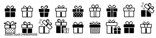 Present gift box icons. Gift and Surprise. Gift box icon set. Christmas gift icon. Gift Box Tied with Ribbon and Decorated. Vector illustration
