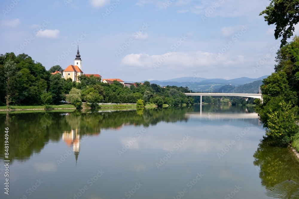 Landscape of Maribor, Slovenia with Drava river, Koroski most and Kapucinski samostan church