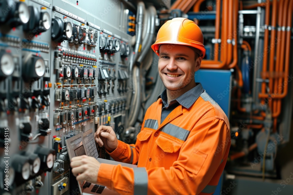 A person in an orange shirt and helmet works on a mechanical device, possibly for maintenance or repair purposes A person in an orange shirt and helmet works on a mechanical device, possibly for maintenance or repair purposes