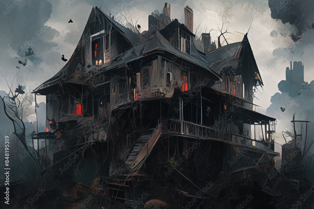 Dark, spooky old house with a gothic feel, red lights and bats flying. Perfect for Halloween or horror themes.