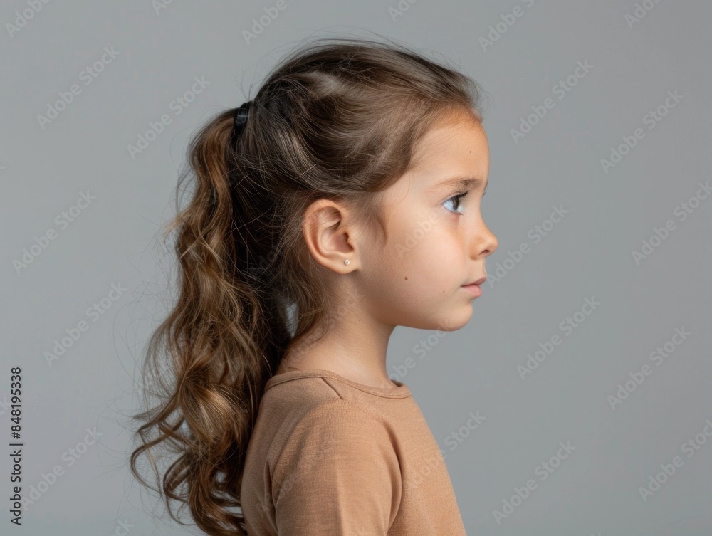 A young child with a ponytail and brown shirt, perfect for use in illustrations or photographs of childhood innocence A young child with a ponytail and brown shirt, perfect for use in illustrations or photographs of childhood innocence