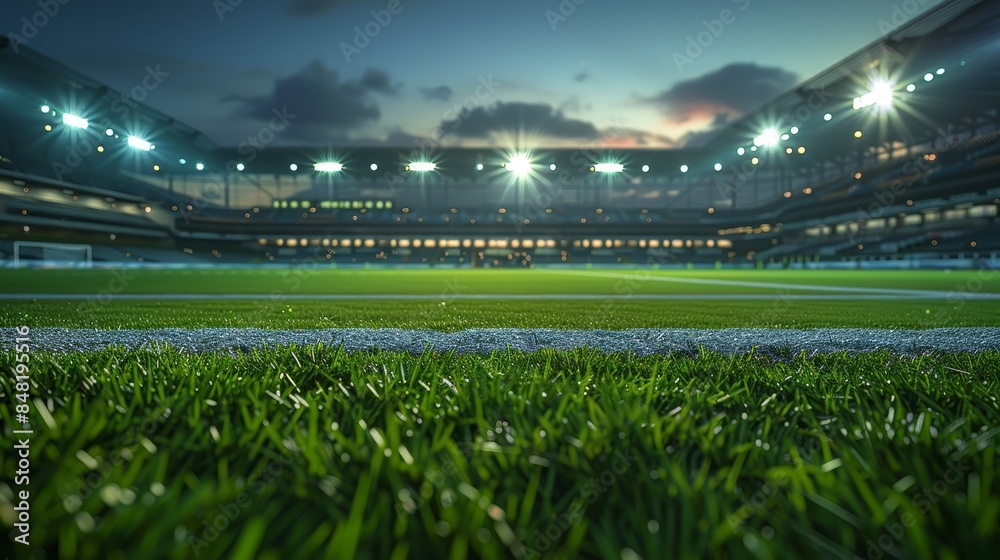 Modern large soccer stadium with green lawn and blue floodlight, stadium background illustration at night, football stadium Modern large soccer stadium with green lawn and blue floodlight, stadium background illustration at night, football stadium