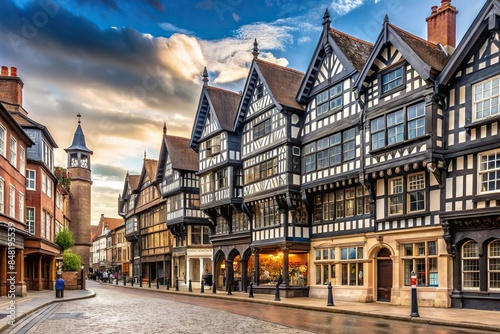 Old stone and tudor style half timbered buildings lining the streets of Chester city centre , Chester photo