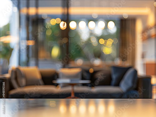 A softly blurred living room interior sets a versatile background