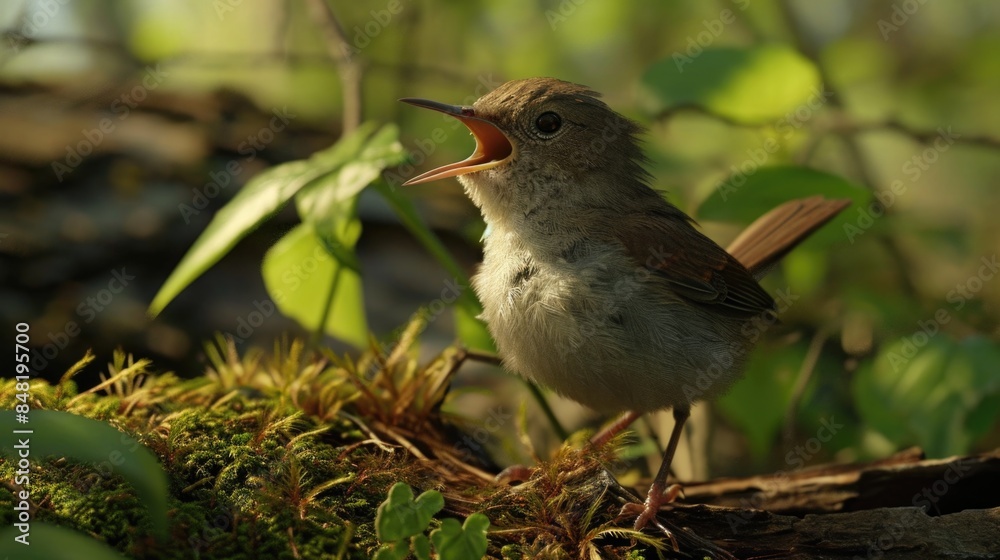 A small bird perched on a moss-covered branch A small bird perched on a moss-covered branch